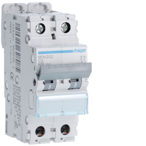 Disjoncteur 2A 2P 6-10kA Courbe C 2modules NFN202