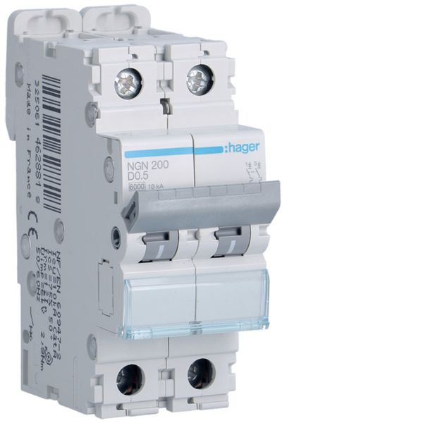 Disjoncteur 0,50A 2P 6-10kA Courbe D 2modules NGN200