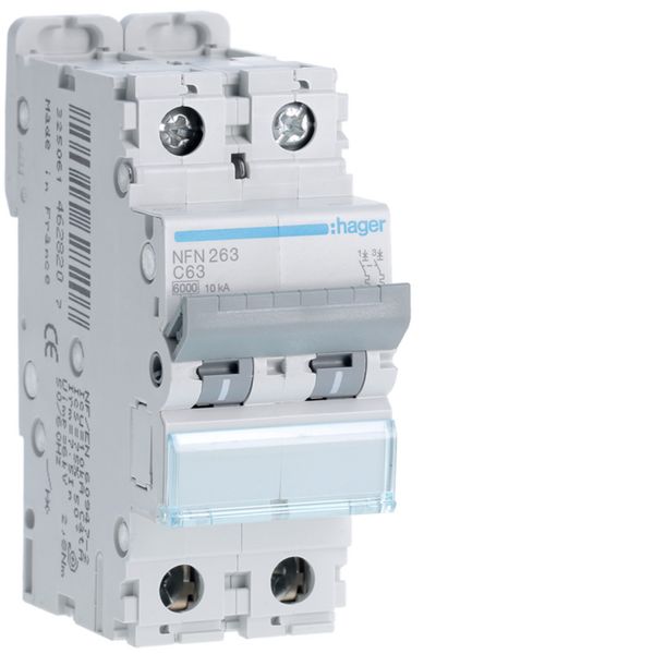 Disjoncteur 63A 2P 6-10kA Courbe C 2modules NFN263
