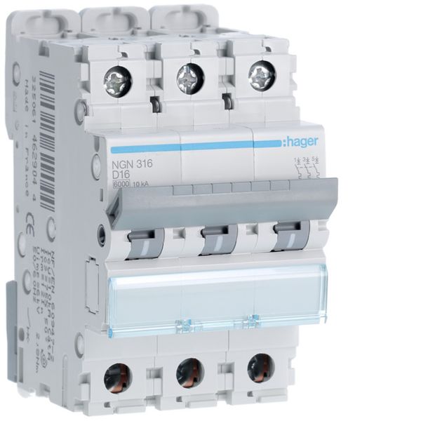 Disjoncteur 16A 3P 6-10kA Courbe D 3modules NGN316