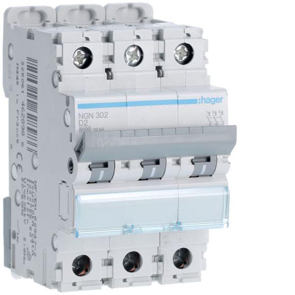 Disjoncteur 2A 3P 6-10kA Courbe D 3modules NGN302