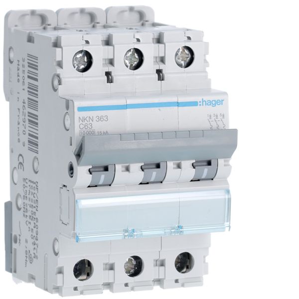 Disjoncteur 63A 3P 10-15kA Courbe C 3modules NKN363