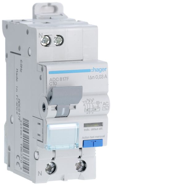 Disjoncteur différentiel 10A 1P+N 4,5kA Courbe C 30mA type AC 60Hz 2 modules ADC817F