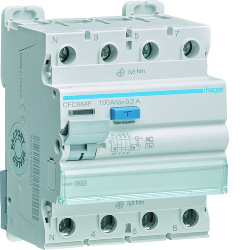 [HAG-CFC684F] Interrupteur différentiel 100A 300mA 3P+N type AC à bornes alignées CFC684F