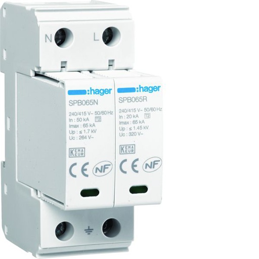 [HAG-SPB265R] Parafoudre de type 2 Imax 65kA 2P 2modules avec auxiliaire de contact SPB265R