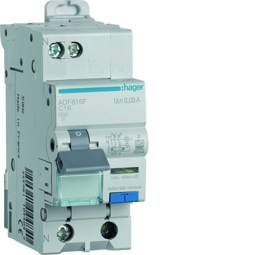 [HAG-ADF816F] Disjoncteur différentiel 16A 1P+N 4,5kA Courbe C 30mA type F 2 modules ADF816F
