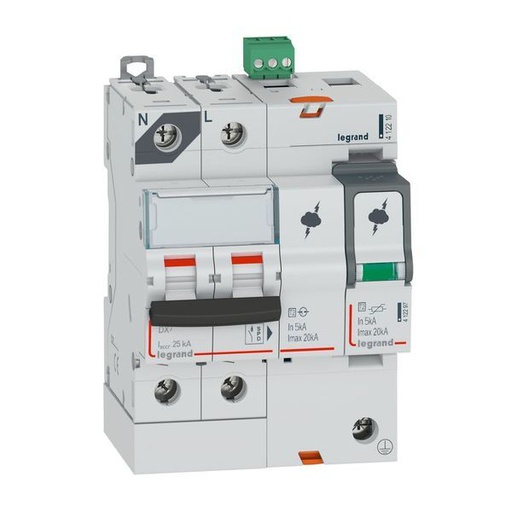 [LEG412210] Parafoudre Avec Protection Icc 25Ka T2 Imax 20Ka 1P+N Gauche legrand 412210
